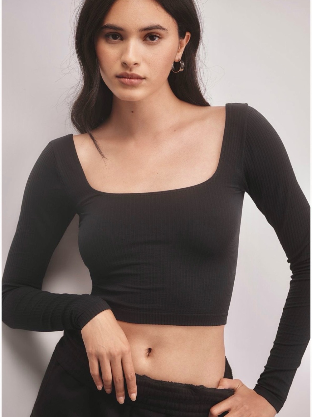Anthropologie Black Ribbed Off-Shoulder Crop Top